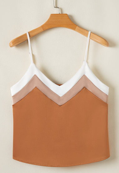 Khaki Chevron Color Block Spaghetti Straps Tank Top