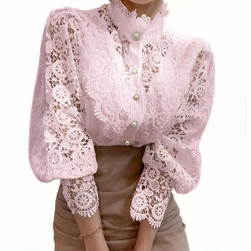 Elegant Women's Vintage Pearl Button Lace Blouse - Puff Sleeve Semi-Sheer Ruffled Stand Collar Shirt Spring&Summer Office & Vacation Top