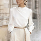 Women's Pleated Long Sleeve Blouse, Round Neck Business Casual Shirt, Dressy Fall 2025 Work Tops