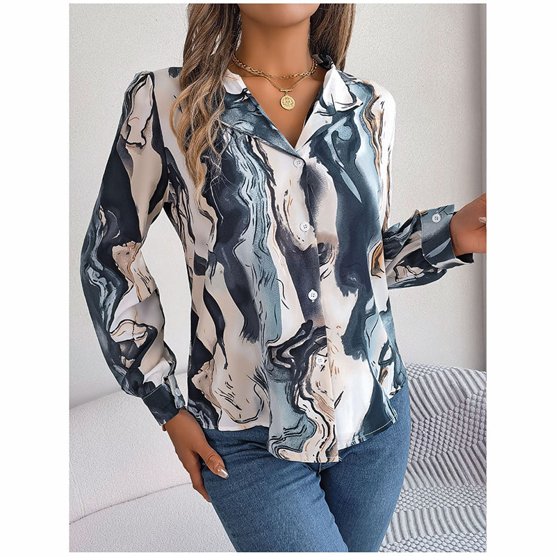 Women Fashion Button Down Shirts V Neck Printed Long Sleeve Blouses Dressy Casual Fall Tops