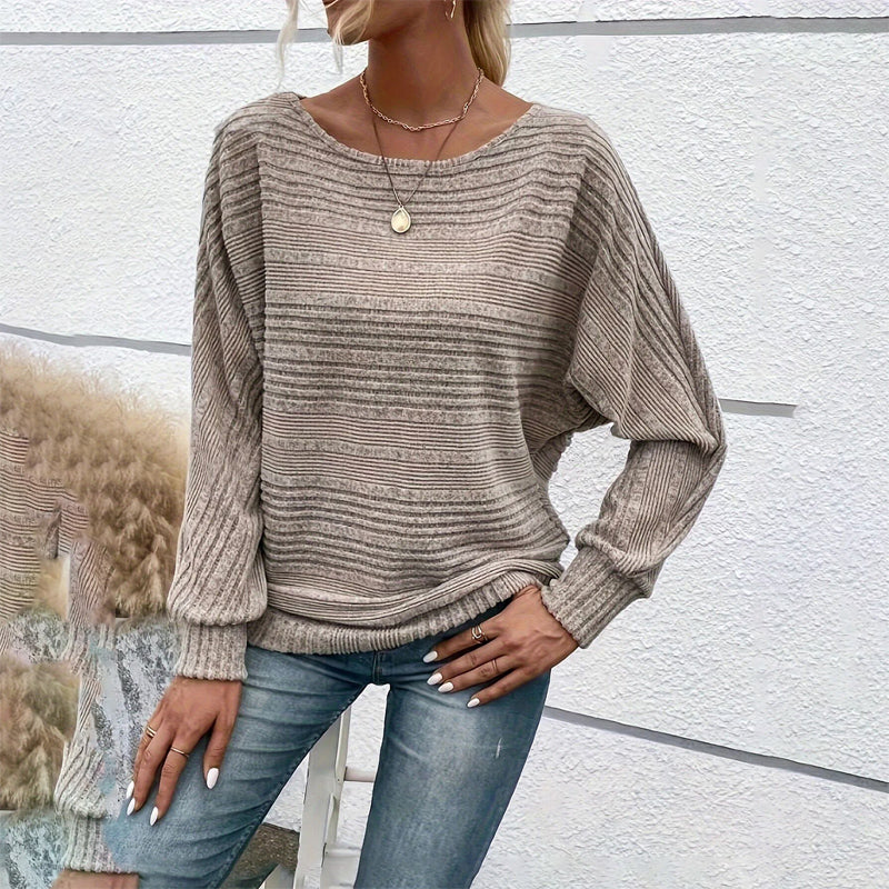 Women's Textured Round Neck Long Sleeve Top - Casual Solid Pullover For Spring & Fall