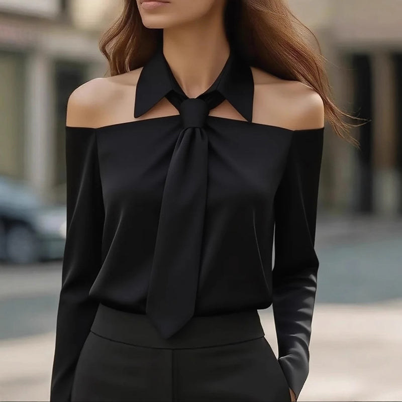 Women's Solid Color Long Sleeve Shirt With Tie And Lapel Collar, Casual & Elegant Blouse For Office And Formal Wear