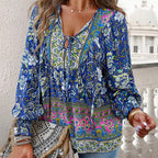 Wpmens Boho Chic Long Sleeve Blouse Floral Print V-Neck Top With Lace-Up & Drawstring Detail Elegant Vacation Shirt