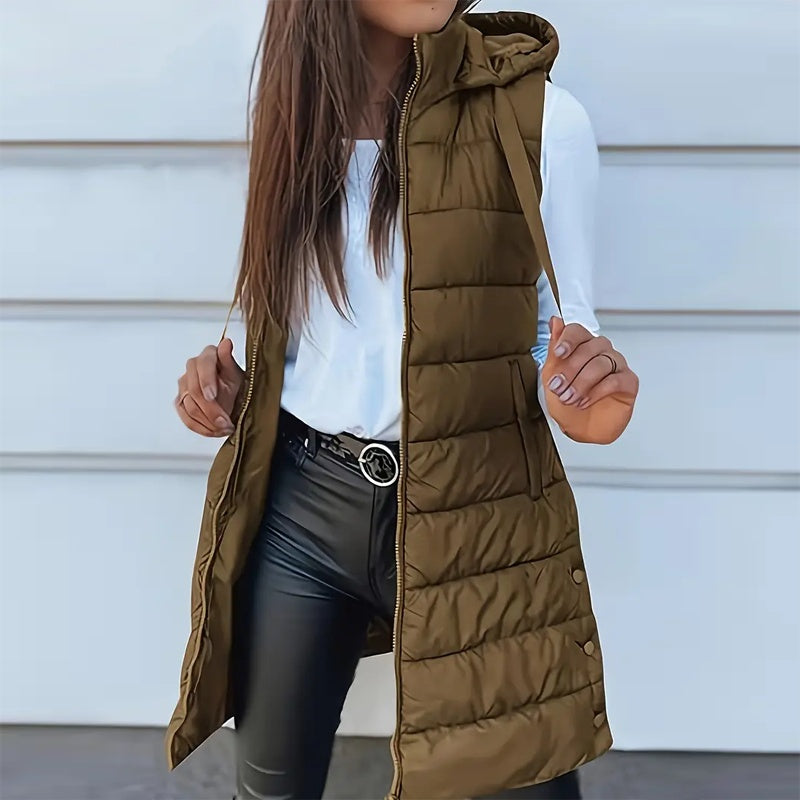 Women's Solid Color Sleeveless Hooded Vest, Mid-Length Zip-Front Waistcoat With Pockets For Spring And Fall Layering