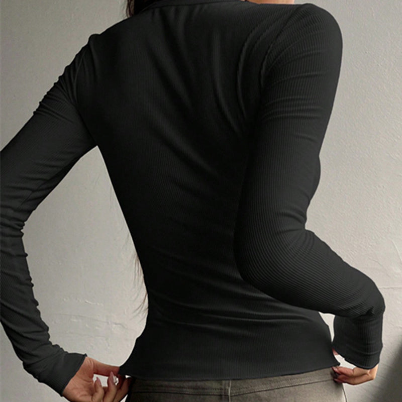 Women's Button-Front Ribbed Knit Top Round Neck Long Sleeve Fitted Sweater For Spring And Fall