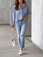 Ladies' Shirt, Classic Striped Print Casual Collar Long Sleeve With Pockets Shirt