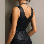 Women's Faux Leather Vest - Sexy Lace Trim V-Neck Sleeveless Top For Club & Y2K Party