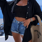 Women's Oversized Button-Down Shirt With Sparkling Eye Print On Back Long Sleeve Blouse For Spring And Fall