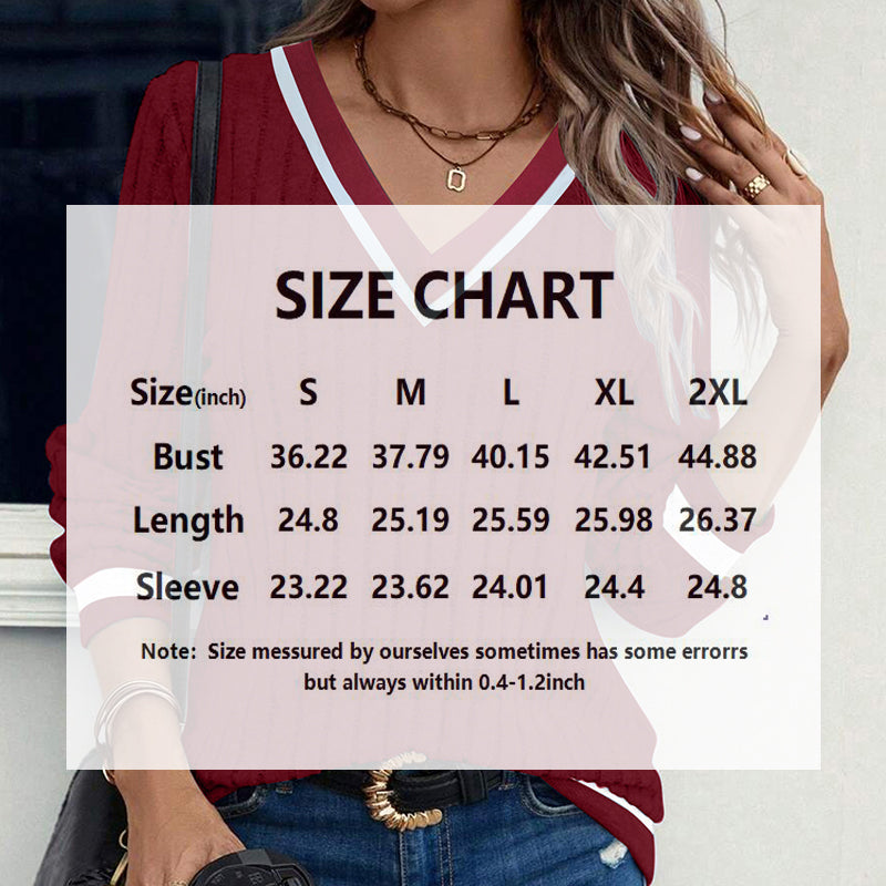 Women's Casual V-Neck Color-Block Top, Long Sleeve Comfortable Blouse For Everyday Autumn And Winter Wear
