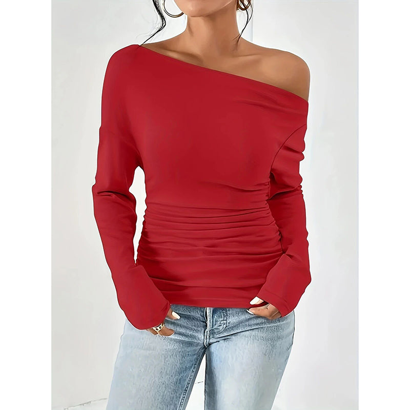 Women's Off The Shoulder Tops Long Sleeve T Shirts Going Out Tops Casual Trendy Ruched Slim Fitted Tees