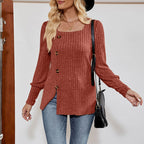 Women's Square Neck Tunic Top - Loose Fit Side Slit Long Sleeve Blouse With Button Decor