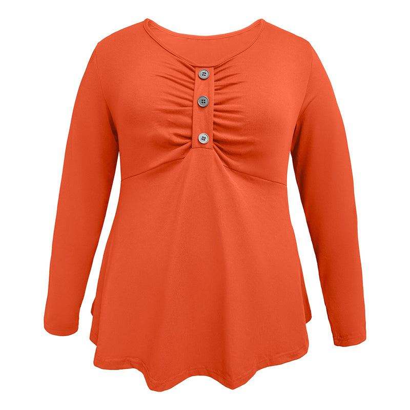 Plus Size V-Neck Tunic Top - Loose Fit Casual Blouse With Button Detail & Pleats For Spring Fall