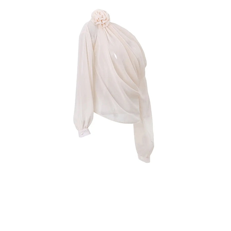 Women's Off Shoulder Tops Elegant Long Sleeve Asymmetrical Neck Ruched Chiffon Blouse Shirts Going Out Top Y2k Shirts