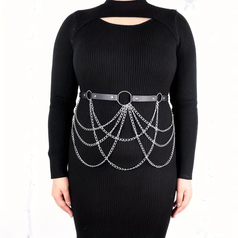 Black Leather Strap Fashion All-match Chain Tassels Waist Chain