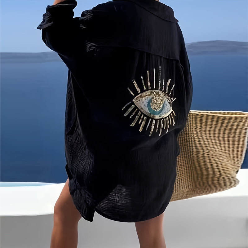 Women's Oversized Button-Down Shirt With Sparkling Eye Print On Back Long Sleeve Blouse For Spring And Fall