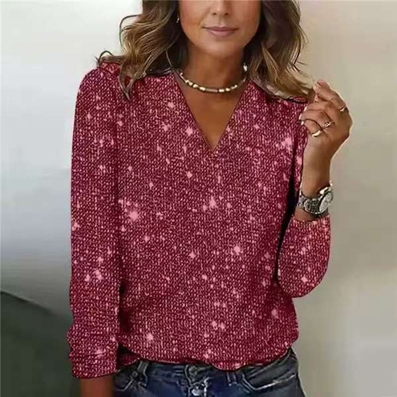 Plus Size Women's V-Neck Sparkle Top Long Sleeve Glitter Blouse For Office And Casual Wear