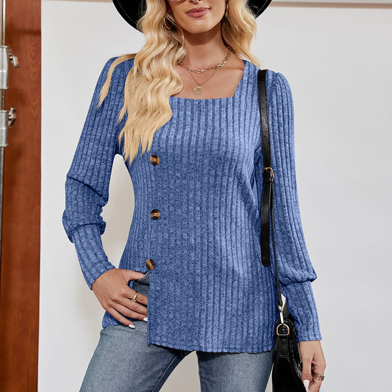 Women's Square Neck Tunic Top - Loose Fit Side Slit Long Sleeve Blouse With Button Decor