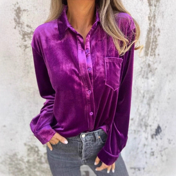 Women's Velvet Long-sleeved Single-breasted Shirt Casual Lapel Long Sleeve Solid Color Tops Daily Wear