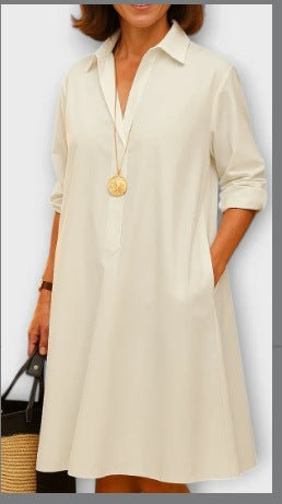 Ladies Shirt Long Sleeve Solid Color Simple Mid Length Dress