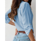 Womens Button Down Shirts V Neck Rolled Up Long Sleeve Tops Elegant Dressy Blouses Business Casual Outfits