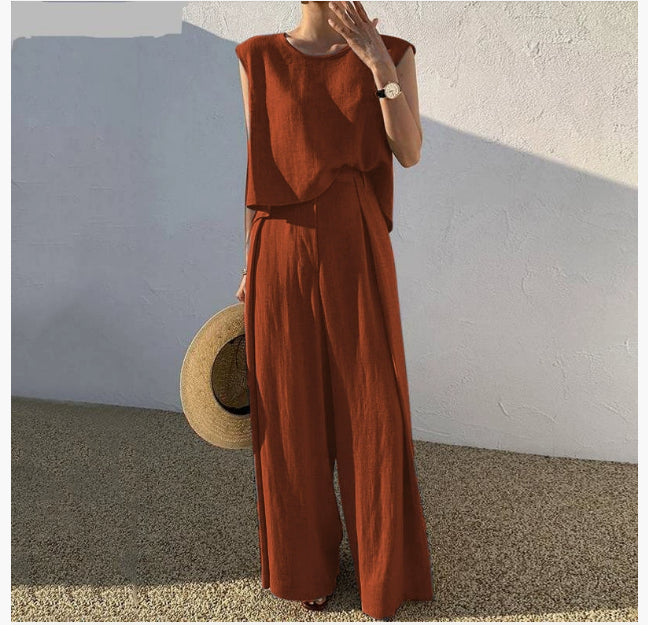 Cotton And Linen Casual Sleeveless Top Wide Leg Pants Two-piece Set