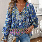 Wpmens Boho Chic Long Sleeve Blouse Floral Print V-Neck Top With Lace-Up & Drawstring Detail Elegant Vacation Shirt