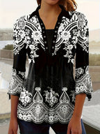 Spring Autumn New Printed Lapel Three-quarter Sleeve T-shirt Irregular Cuff Button Top