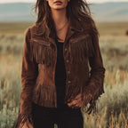 Women's Solid Color Fringe Suede-Look Jacket, Western Style Long Sleeve Button Front Coat For Fall & Winter