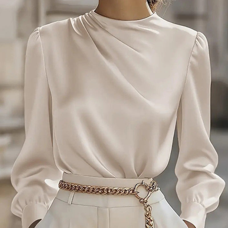 Women's Pleated Long Sleeve Blouse, Round Neck Business Casual Shirt, Dressy Fall 2025 Work Tops