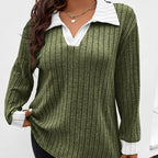 Plus Size Lapel V-Neck Top, Lightweight Long Sleeve Casual Going Out Blouse