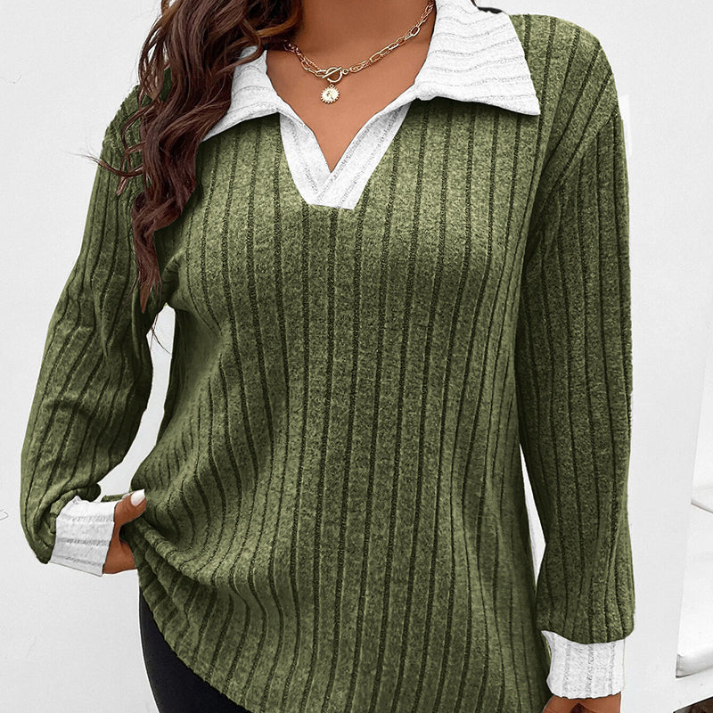 Plus Size Lapel V-Neck Top, Lightweight Long Sleeve Casual Going Out Blouse