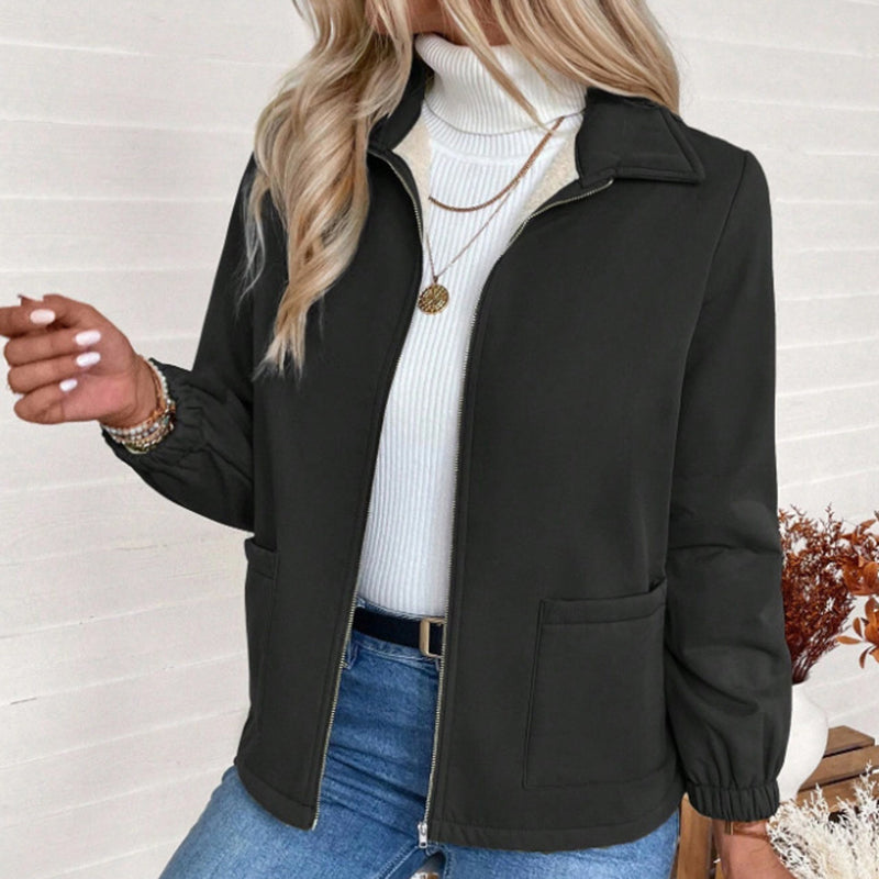 Women's Solid Color Fleece Jacket, Lapel Collar Cuff Sleeve Zip-Up Coat With Pockets For Casual Winter Wear