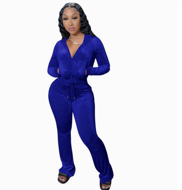 Gold Velvet Pocket Hooded Zip Sweatshirt Wide Leg Pants