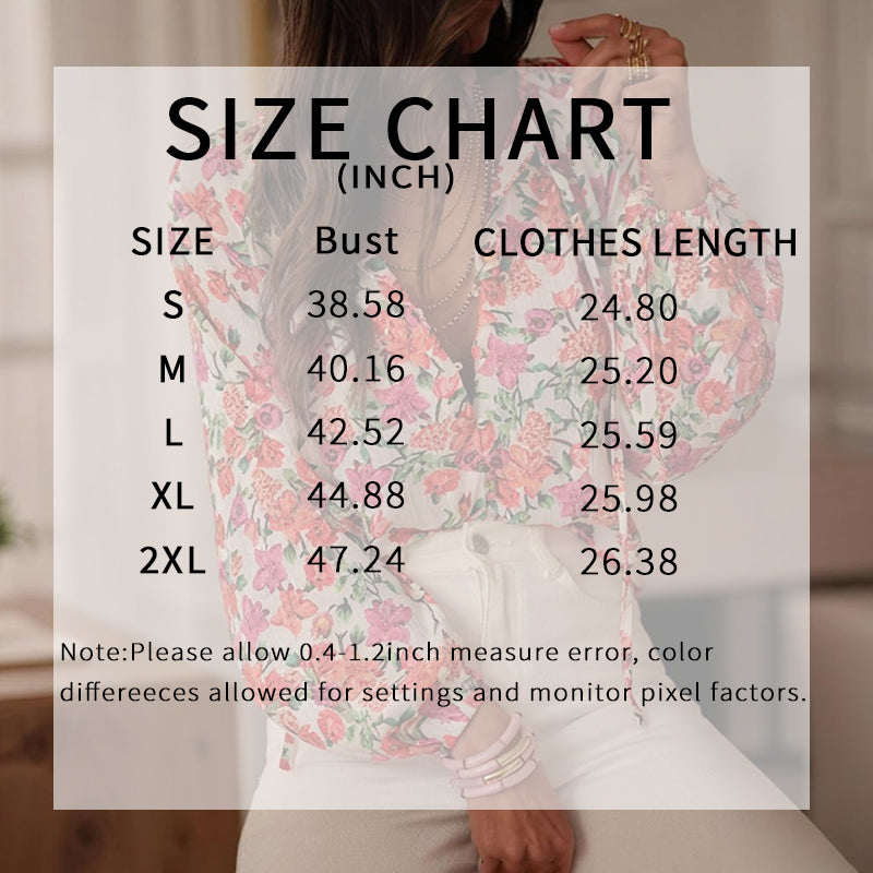 Women's Casual Boho Floral Print V Neck Long Sleeve Drawstring Tops Loose Blouses Button Down Shirts