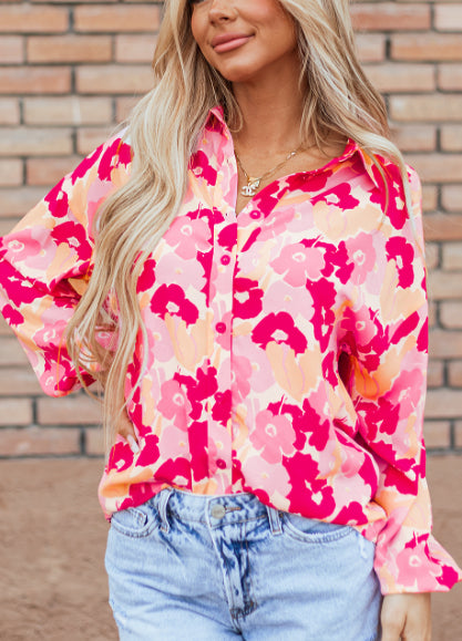 Blooming Floral Print Puff Sleeve Buttoned Shirt