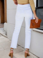 Women's New Fringed Pure White Jeans, Blended Fabric, Slim Fit Fringed Design, Beveled Pocket, Suitable For Outdoor Work, Can Be Worn All Year Round