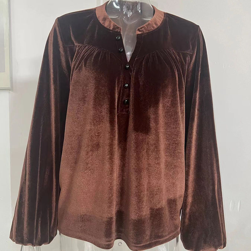 Women's Solid Color V-Neck Button Detail Long Sleeve Pullover Top Casual Elegant Office Blouse