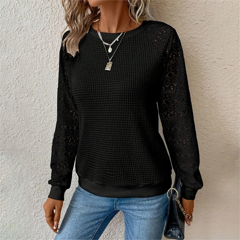 Women's Lace Waffle Knit Blouse, Long Sleeve Crewneck Business Casual Top
