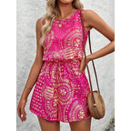 Women's Summer Casual Shorts Jumpsuit Allover Print Sleeveless Tank Top Rompers With Waist Tie