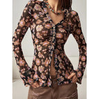 Women Button Down Floral Shirts 2025 Fall Trendy Long Sleeve V Neck Ruched Fitted Blouse Tops