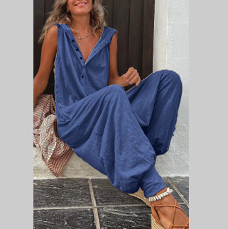 Button Hooded Sleeveless Trousers Jumpsuit