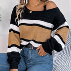 Women's Cold Shoulder Sweater - Fall Color Block Long Sleeve Pullover
