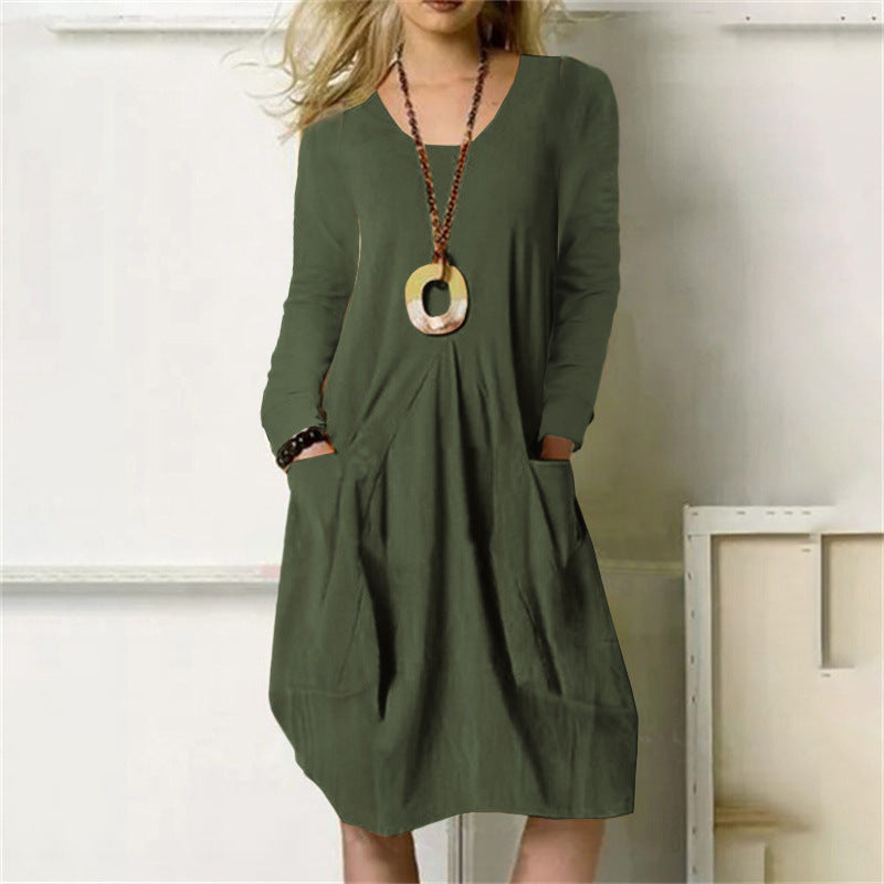 Women's Cotton Linen Loose Casual Solid Color Pocket Dress