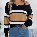 Women's Cold Shoulder Sweater - Fall Color Block Long Sleeve Pullover