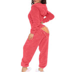 Women's Solid Color Plush Hooded Tracksuit Set Zip-Up Long Sleeve Top And Pants For Winter Loungewear