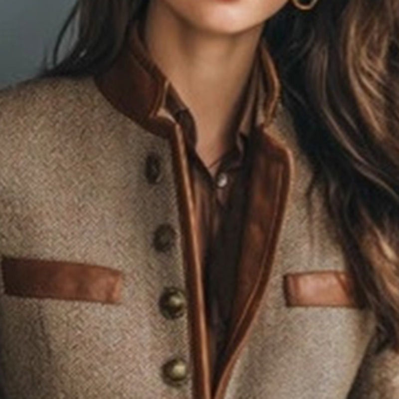 Women's Retro Elegant Jacket, Color-Block Button Front Coat With Stand Collar For Casual And Formal Wear