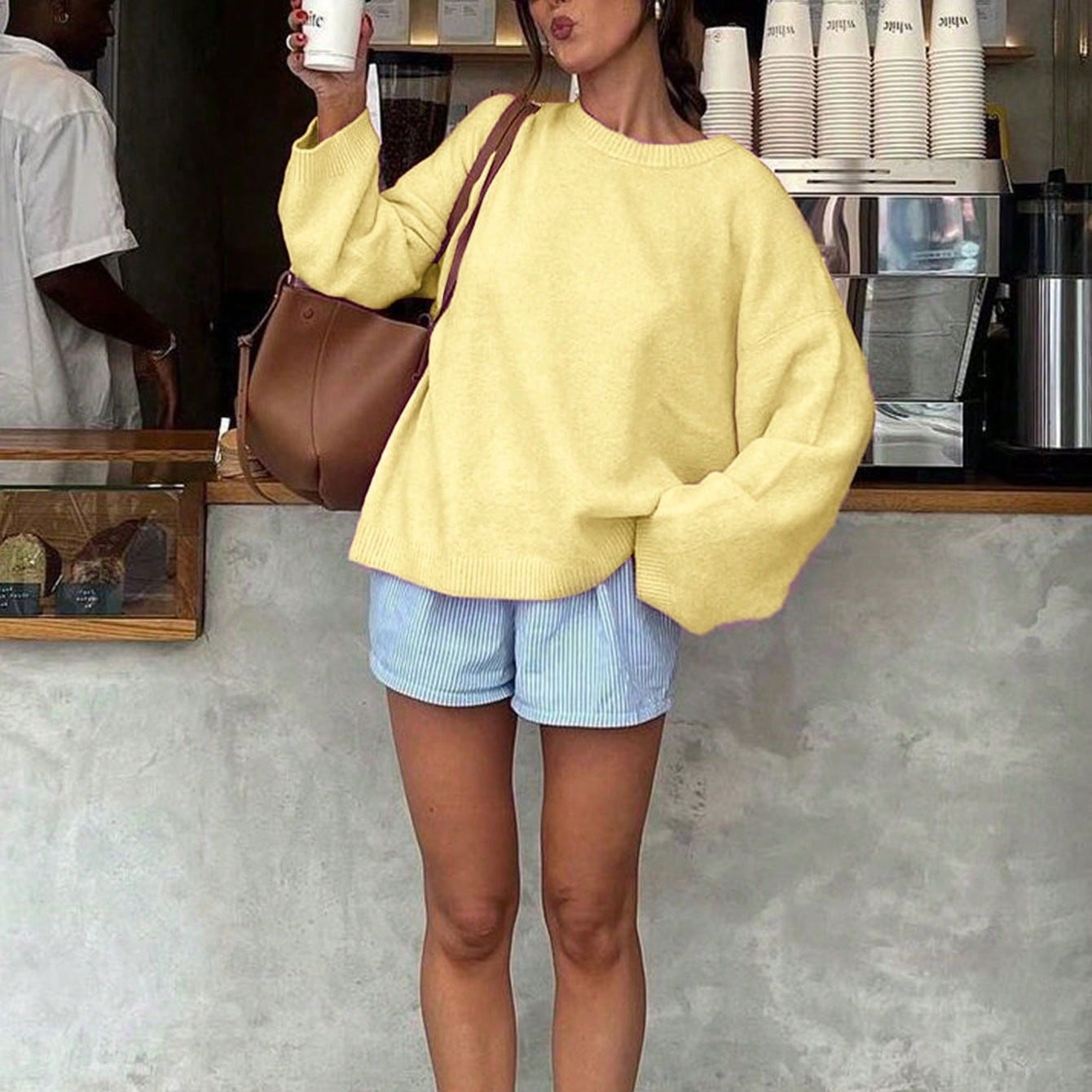Yellow Solid Color Round Neck Long Sleeved Knitted Women's